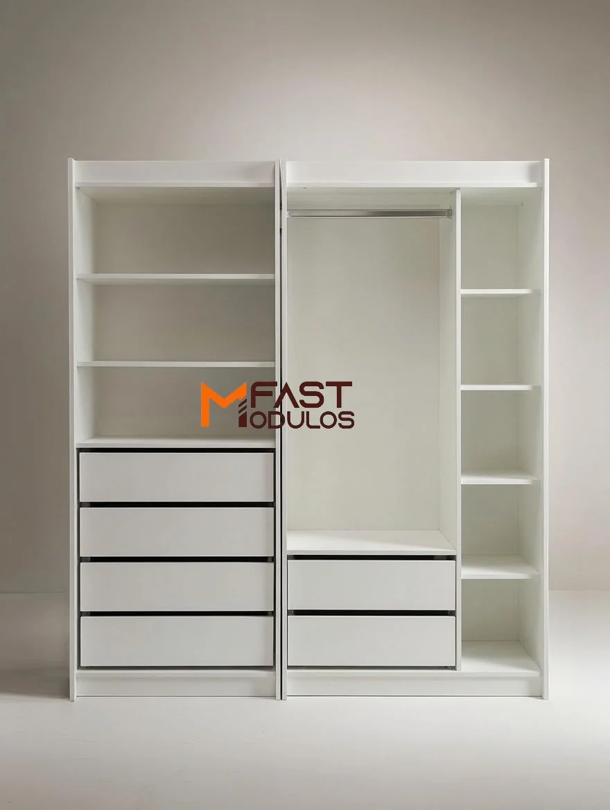 Kit closet branco em MDF com dois móveis, prateleiras, gavetas e cabideiro