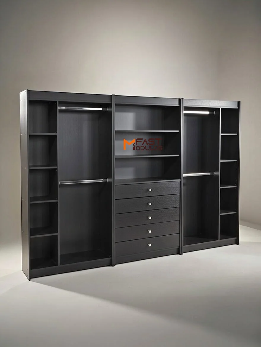 Kit closet preto em MDF com três móveis, nichos, gavetas e cabideiros